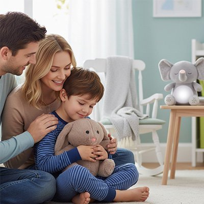 Peluche qui respire lapin avec garçon papa et maman