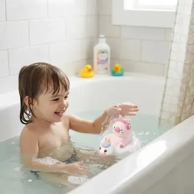 Enfant joue joyeusement avec figurines flottantes dans l'eau.