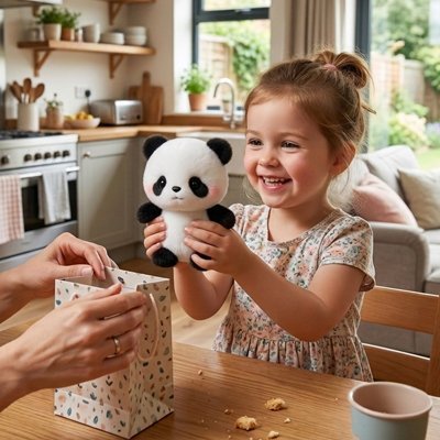 Enfant découvrant un jouet ours panda lors d'un cadeau.