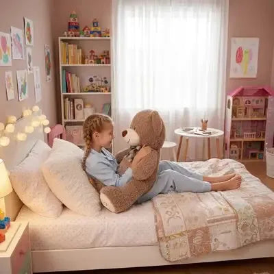 Fille en pyjama bleu tenant grande peluche marron sur lit