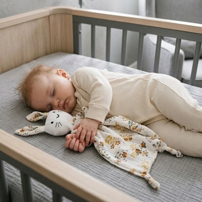 doudou mousseline lapin dans les bras d'un bébé qui dort