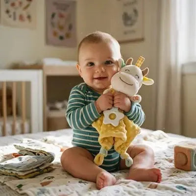 doudou vache bébé souriant cùlinant compagnon doux et réconfortant