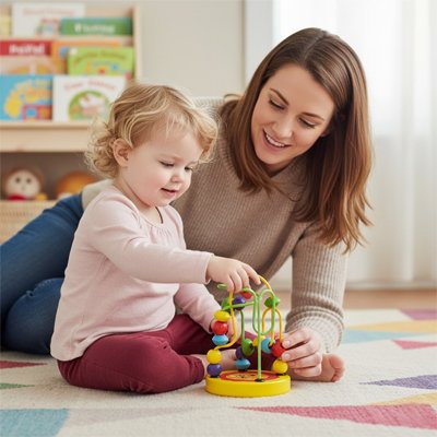 Jeune enfant explore un jouet en bois vibrant interactif
