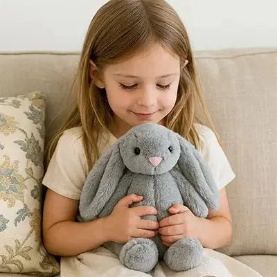 Lapin peluche gris dans les bras d'une jeune fille vue sous un autre angle
