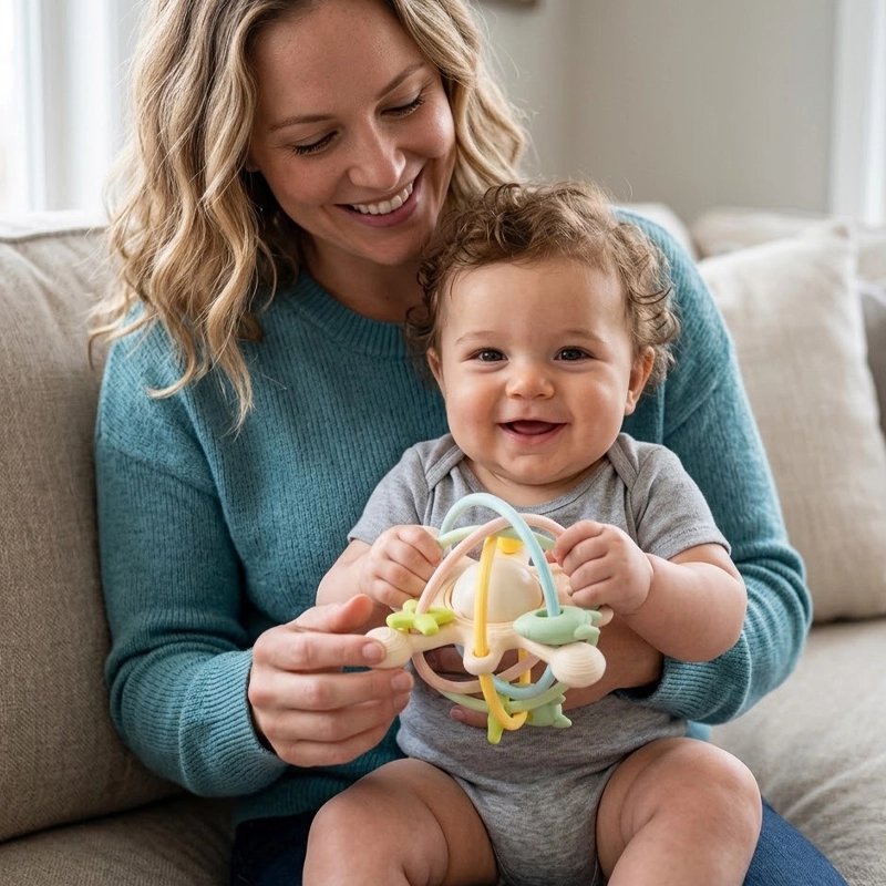 maman souriante avec hochet souple bébé