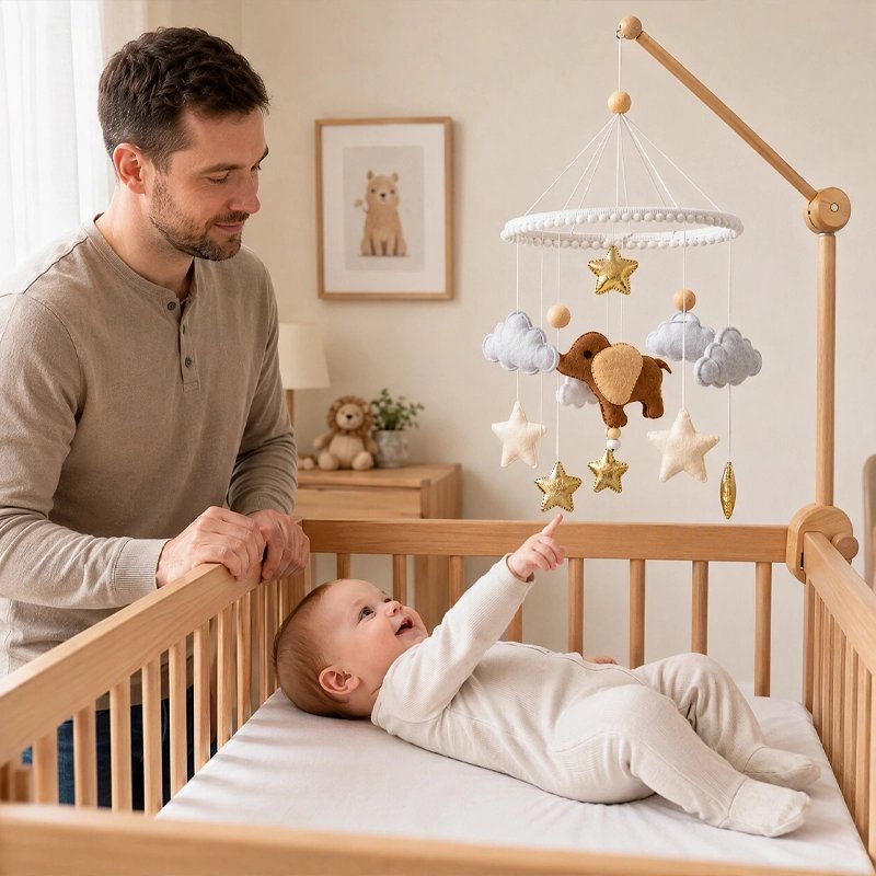 papa et bebe avec mobile bebe animaux etoiles