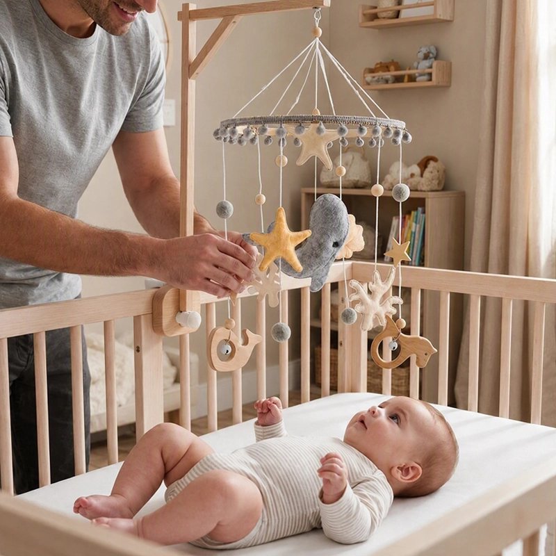 papa installant mobile bébé océan chambre