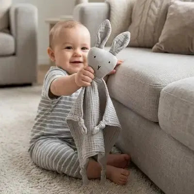 Premier doudou lapin, Cadeau naissance douceur en cours d'utilisation