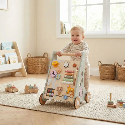 Trotteur en bois bébé debout souriant