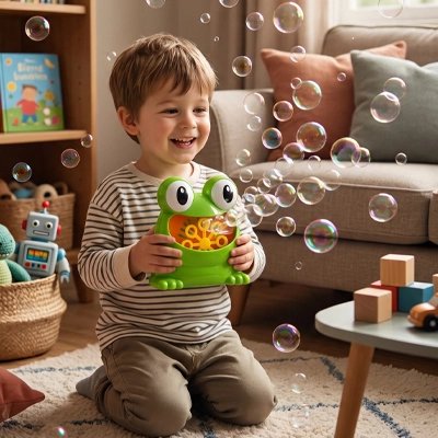un jouet pour enfant qui fait des bulles dans les mains d'un garçon