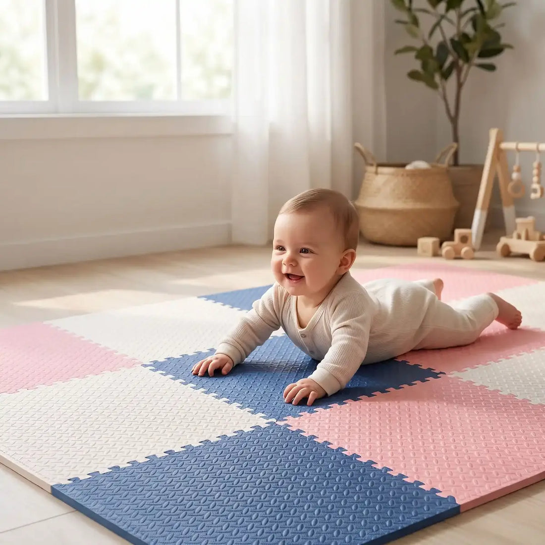 Bébé sur le point de se retourner sur tapis puzzle