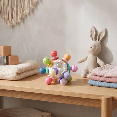 Balle hochet bébé posée dans un décor de chambre d'enfant moderne.