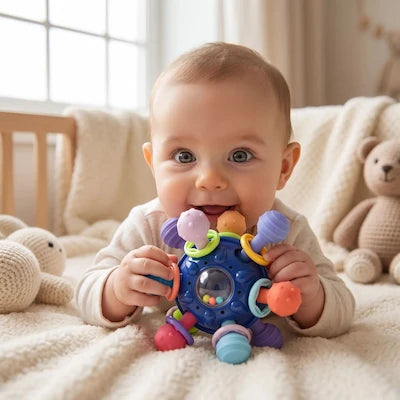 Bébé de 6 mois manipulant une balle hochet sensorielle