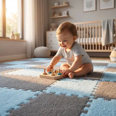Enfant explorant librement sur tapis de motricité bleu gris