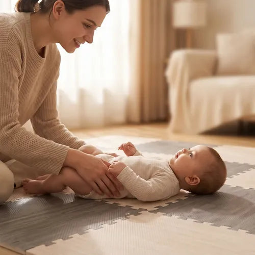Maman bienveillante aidant son bébé à se retourner sur tapis puzzle