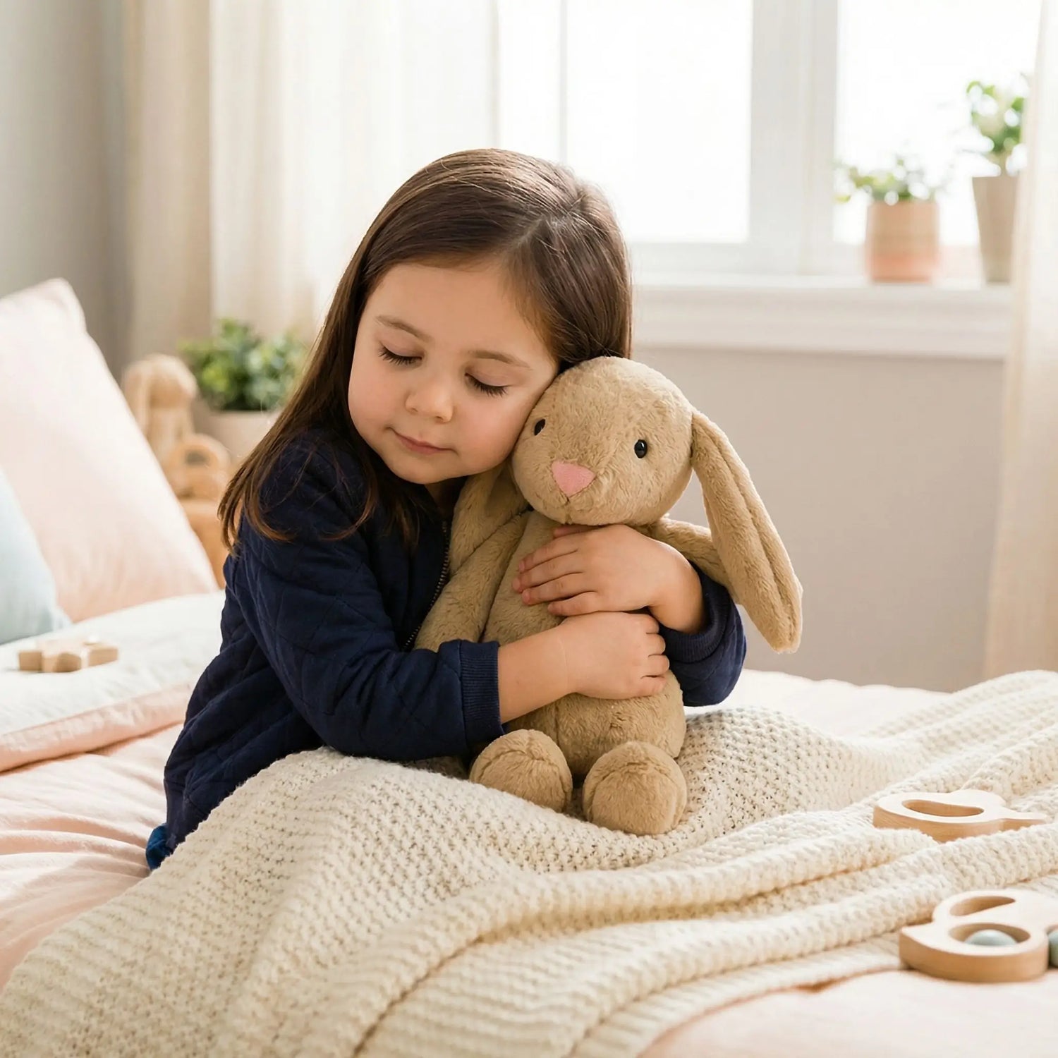 Peluche lapin beige avec une jeune fille en amour | Alan Eveil