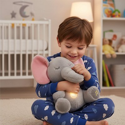 Peluche qui respire éléphant avec garçon assis au sol