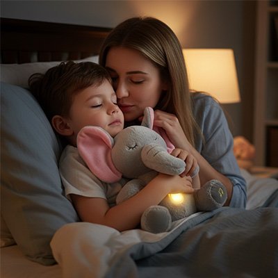 Peluche qui respire éléphant avec garçon et maman dans le lit