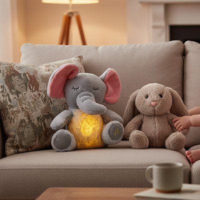 Peluche qui respire éléphant et lapin sur le divan