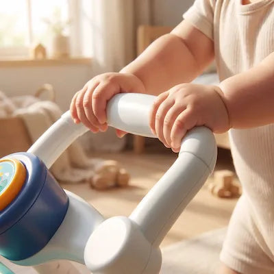 Petites mains agrippant fermement les poignées du trotteur pousseur