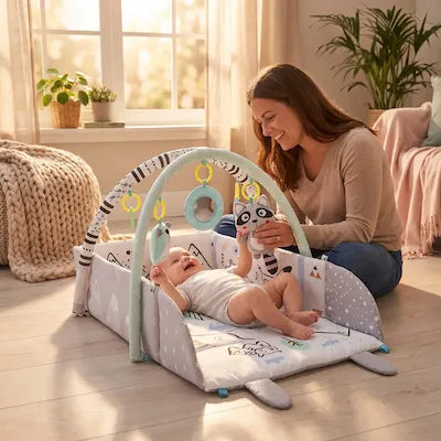 Parent et bébé partageant un moment de jeu sur le tapis d'éveil