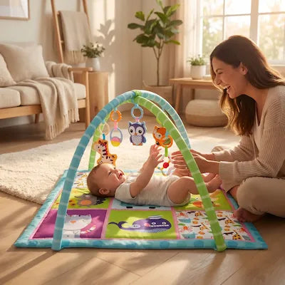 Parent et bébé partageant un moment de complicité sur le tapis d'éveil
