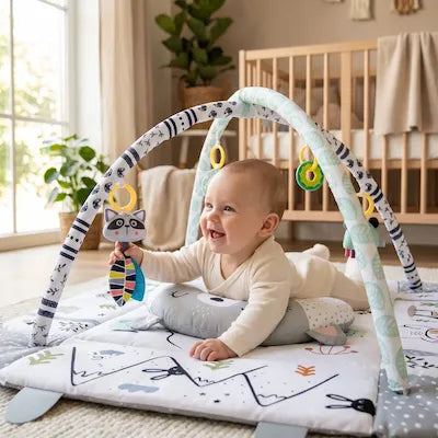 Bébé sur le ventre s'éveillant confortablement sur son tapis rembourré