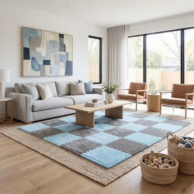 Tapis puzzle bleu gris design dans un salon moderne