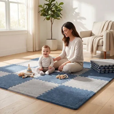 Bébé joue en toute sécurité sur tapis puzzle bleu gris