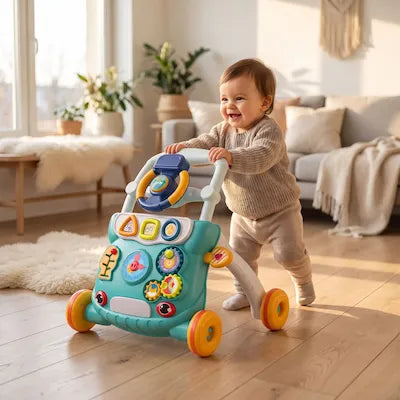 Bébé heureux apprend à marcher avec un trotteur bébé