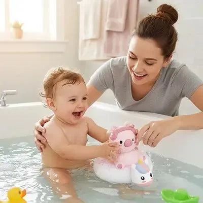 Enfant explore des figurines aquatiques amusantes dans la baignoire