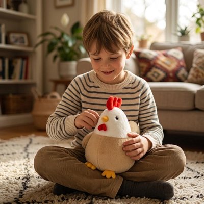 animal de la ferme en tissu dans les main d'un jeune garçon