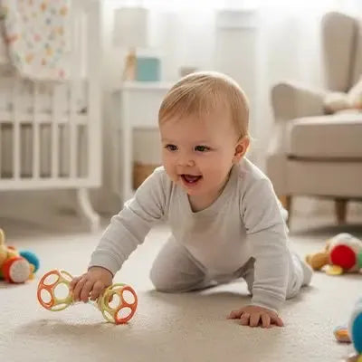 Enfant explorant un jouet vibrant sur tapis moelleux