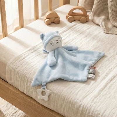 Doudou Chat - Velours Bleu & Anneau de Dentition