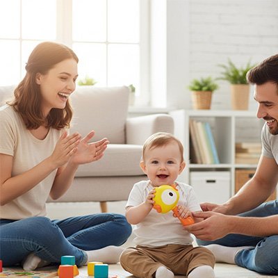Enfant captivé par un jouet sonore en famille joyeuse