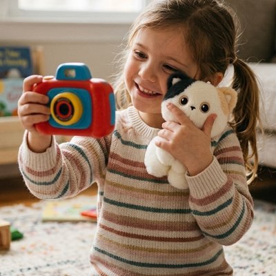 Enfant joue avec peluche féline câline et appareil photo.
