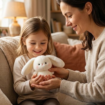 Jouet en forme de lapin, partage complice et familial chaleureux