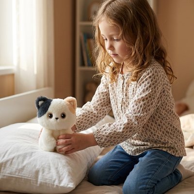 Enfant explore jouet félin doux dans chambre lumineuse