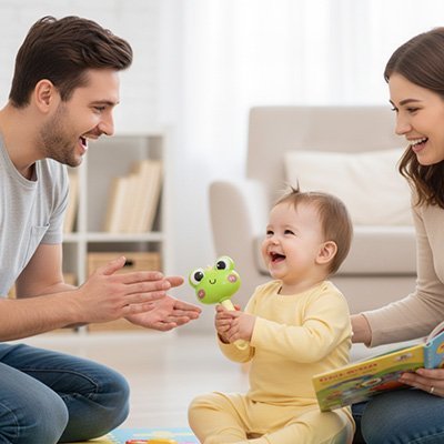 Famille heureuse autour d'un jouet sonore captivant et coloré
