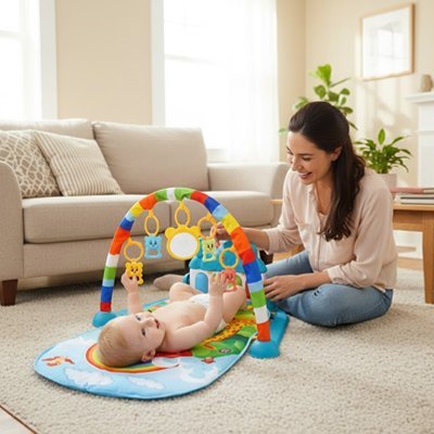 Ensemble d'activités pour bébé avec arches multicolores et jouets.