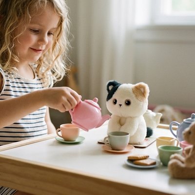 Enfant organise un goûter avec jouet félin réaliste.