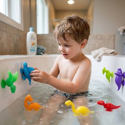 Jeune enfant découvrant figurines aquatiques colorées dans baignoire