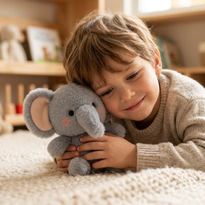 Enfant heureux avec un jouet éléphant en peluche