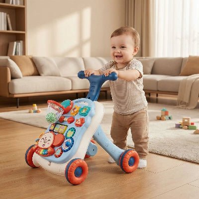 Enfant explorant avec un chariot d'activités coloré.