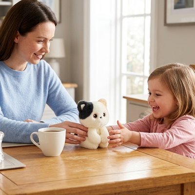 Enfant joyeuse découvre peluche féline sur table familiale
