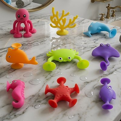 Figurines marines colorées égayent le moment du bain enfantin