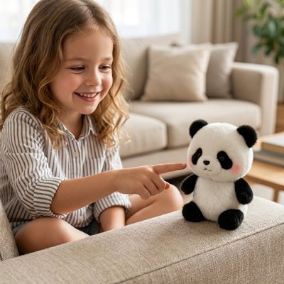 Enfant s'amusant avec un jouet panda assis sur canapé