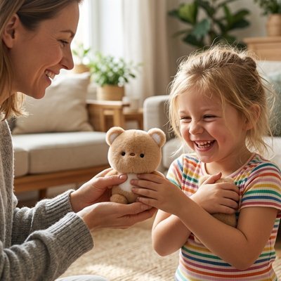 Maman partage un jouet en peluche avec sa fille souriante