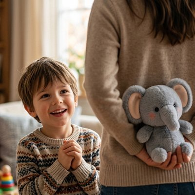 Enfant enthousiaste découvrant un jouet éléphant caché