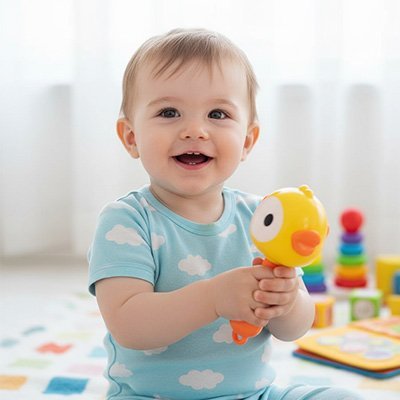 Bébé souriant agitant un jouet sonore jaune vif